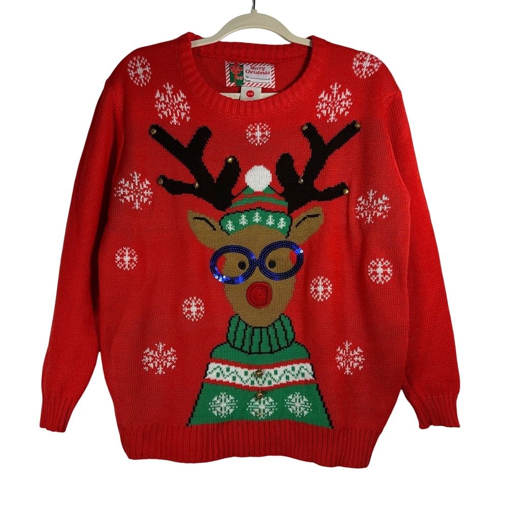 Merry Christmas Reindeer‎ Ugly Christmas Sweater Red Sequin Glasses Bells S/M